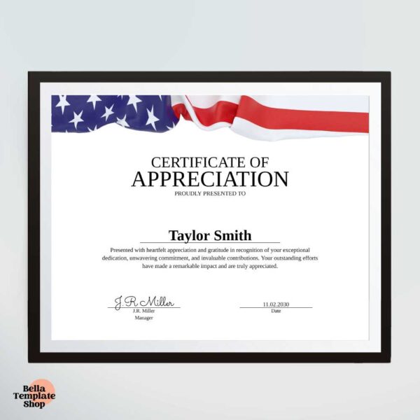 Certificate of Appreciation template with the American flag