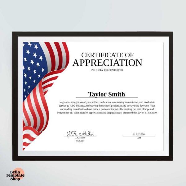 Certificate of Appreciation template with the American flag