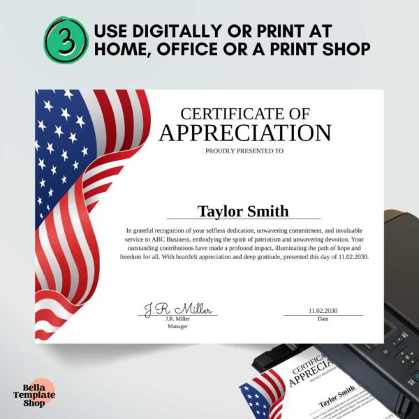 Certificate of Appreciation template with the American flag