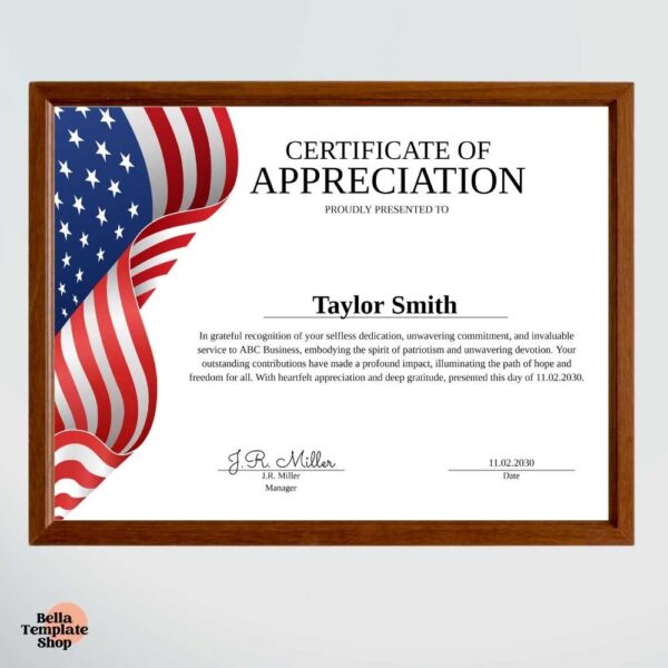 Certificate of Appreciation template with the American flag