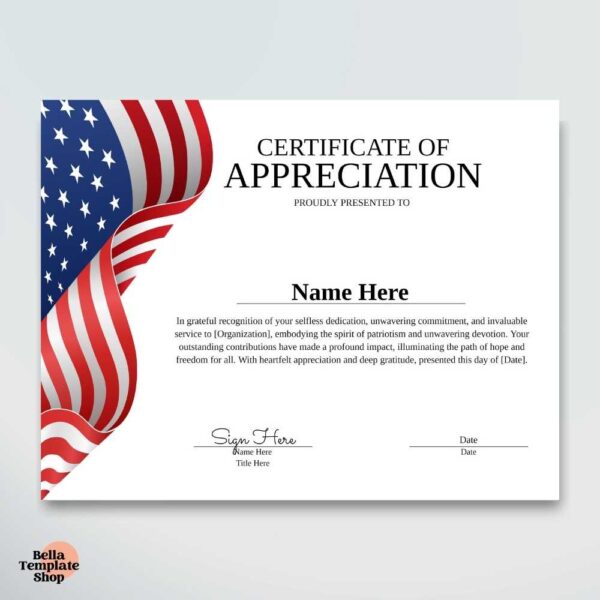 Certificate of Appreciation template with the American flag