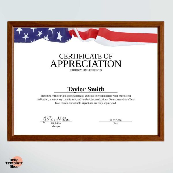 Certificate of Appreciation template with the American flag