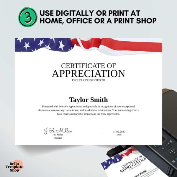 Certificate of Appreciation template with the American flag