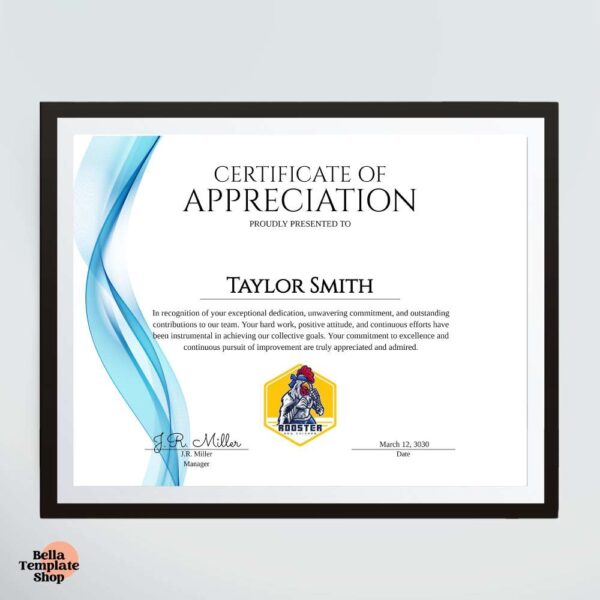 Certificate of Appreciation Template for employees in frame