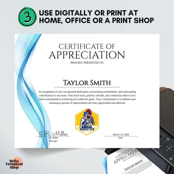 Certificate of Appreciation Template for employees when printed