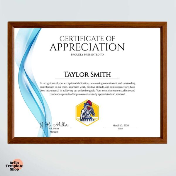 Certificate of Appreciation Template for employees in frame