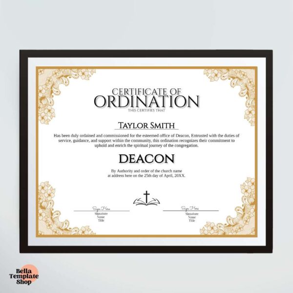 Certificate of Ordination Deacon in black frame