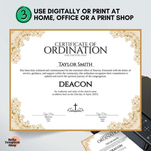 Certificate of Ordination Deacon printed