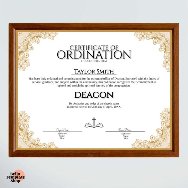 Certificate of Ordination Deacon in brown frame