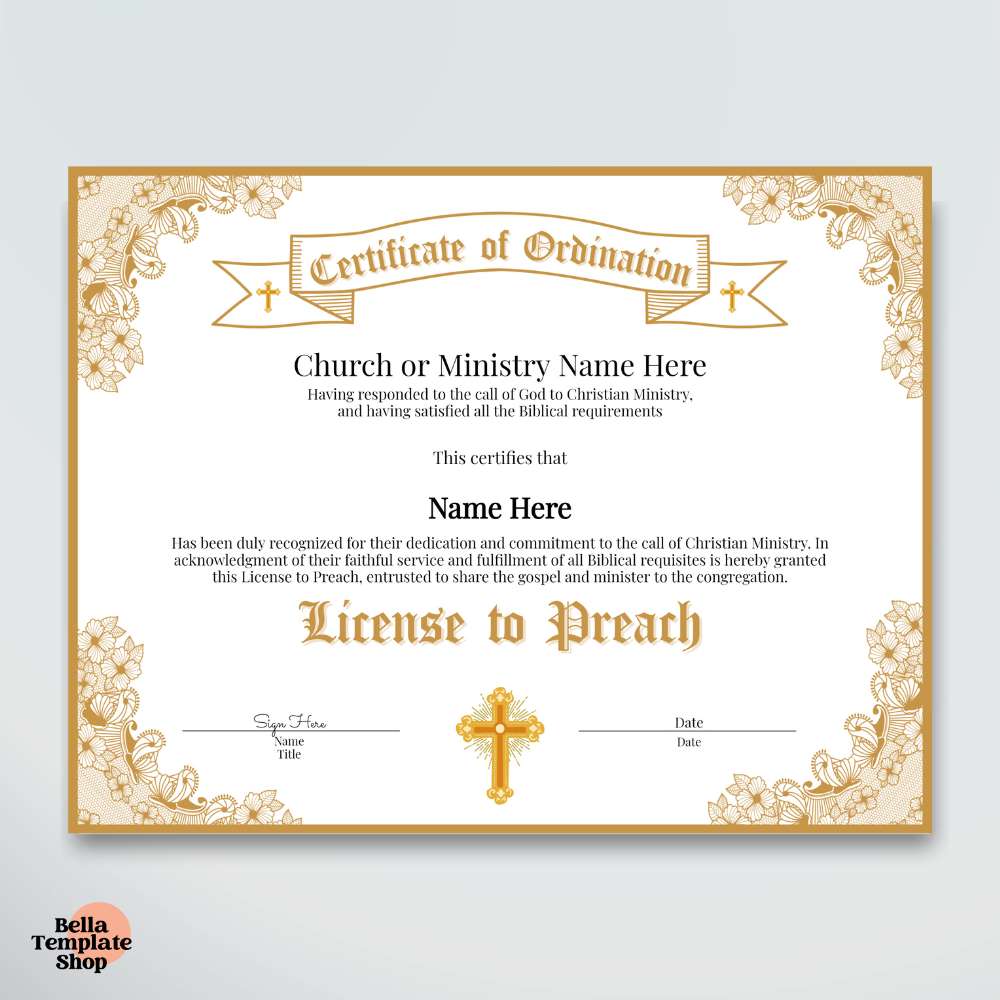 License to Preach Certificate Bella Template Shop