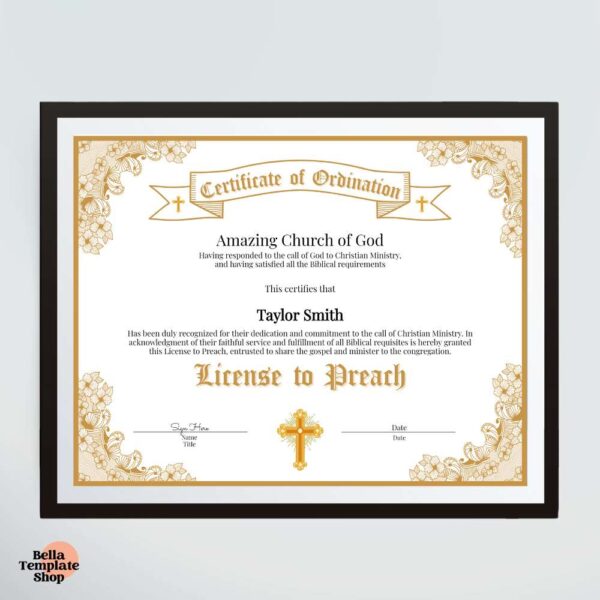 License to Preach Certificate in black frame