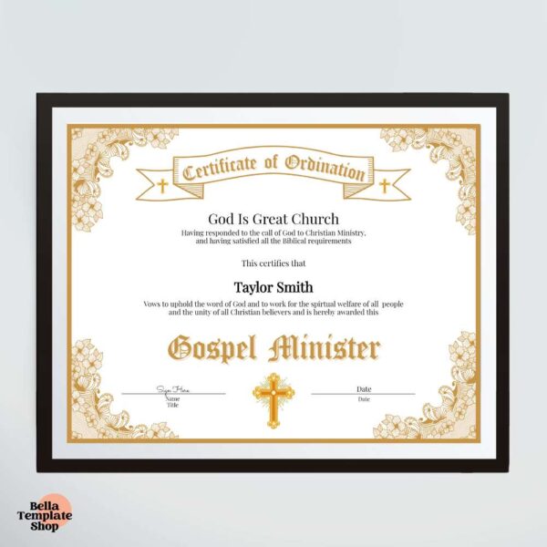 Certificate of Ordination Gospel Minister in black frame