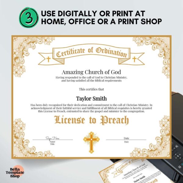 License to Preach Certificate printed