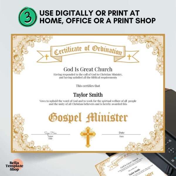 Certificate of Ordination Gospel Minister printed