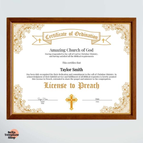 License to Preach Certificate in brown frame