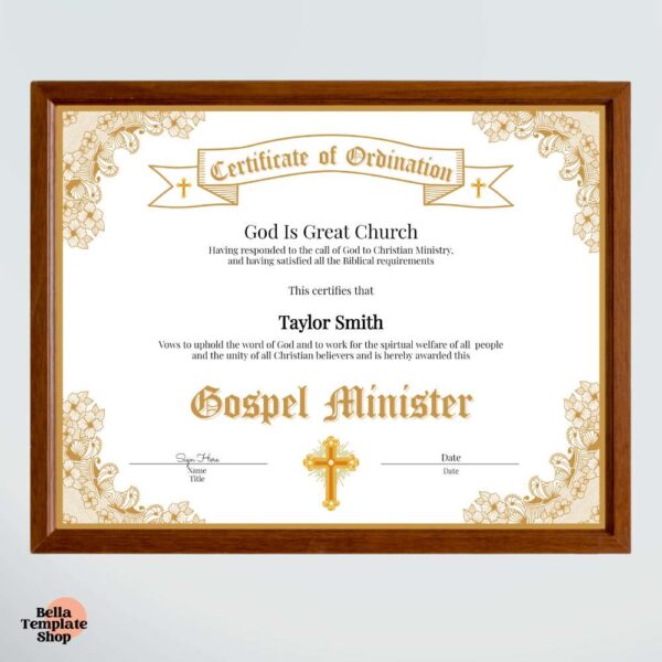 Certificate of Ordination Gospel Minister in brown frame