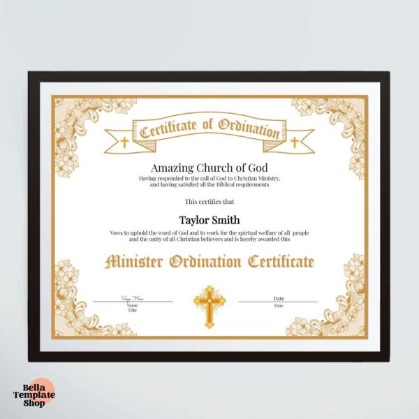 Minister Ordination Certificate in a black frame