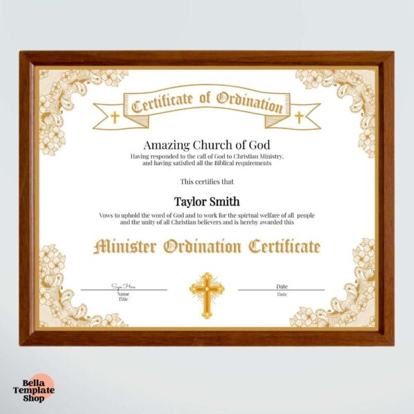 Minister Ordination Certificate in a brown frame