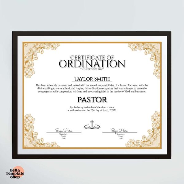 Certificate of Ordination Pastor black frame