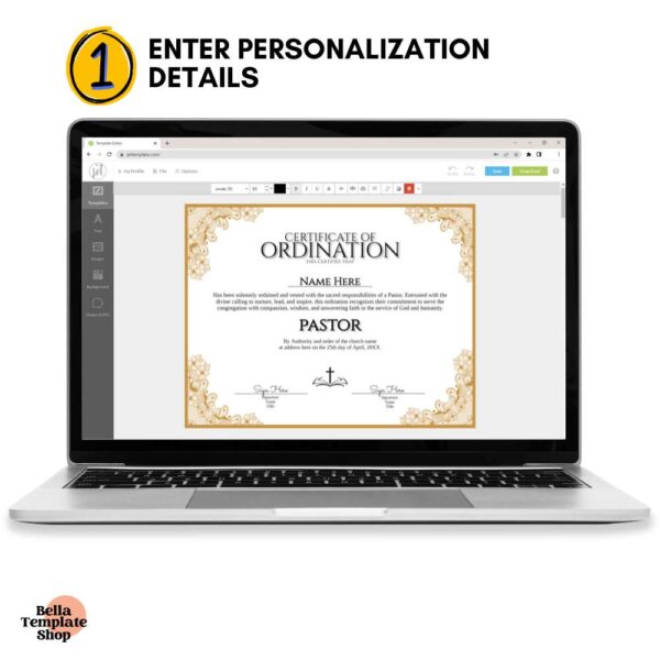 Certificate of Ordination Pastor how to edit