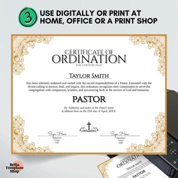 Certificate of Ordination Pastor printed