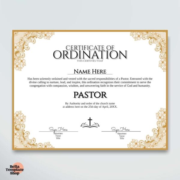 Certificate of Ordination Pastor - Bella Template Shop