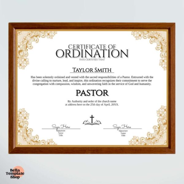 Certificate of Ordination Pastor brown frame