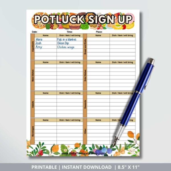 Potluck Sign Up Sheet