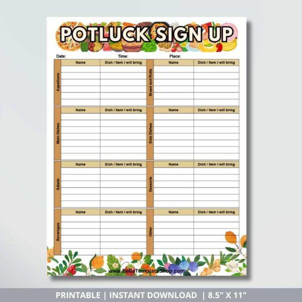 Potluck Sign Up Sheet