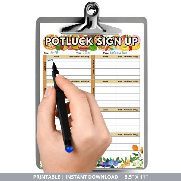 Potluck Sign Up Sheet