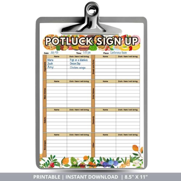 Potluck Sign Up Sheet