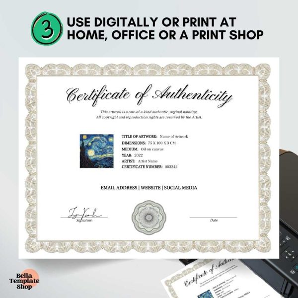 Certificate of Authenticity printed