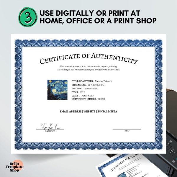 Certificate of Authenticity printed