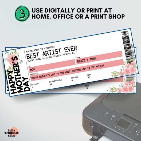 Editable Mother's Day Concert Ticket Print ticket to use