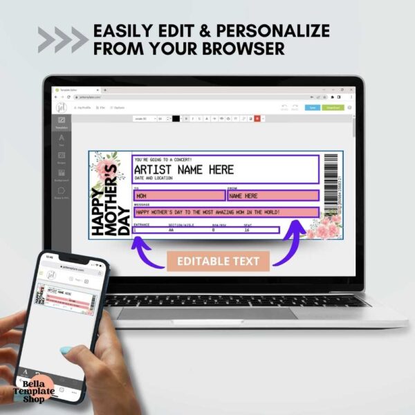 Editable Mother's Day Concert Ticket how to personalize ticket