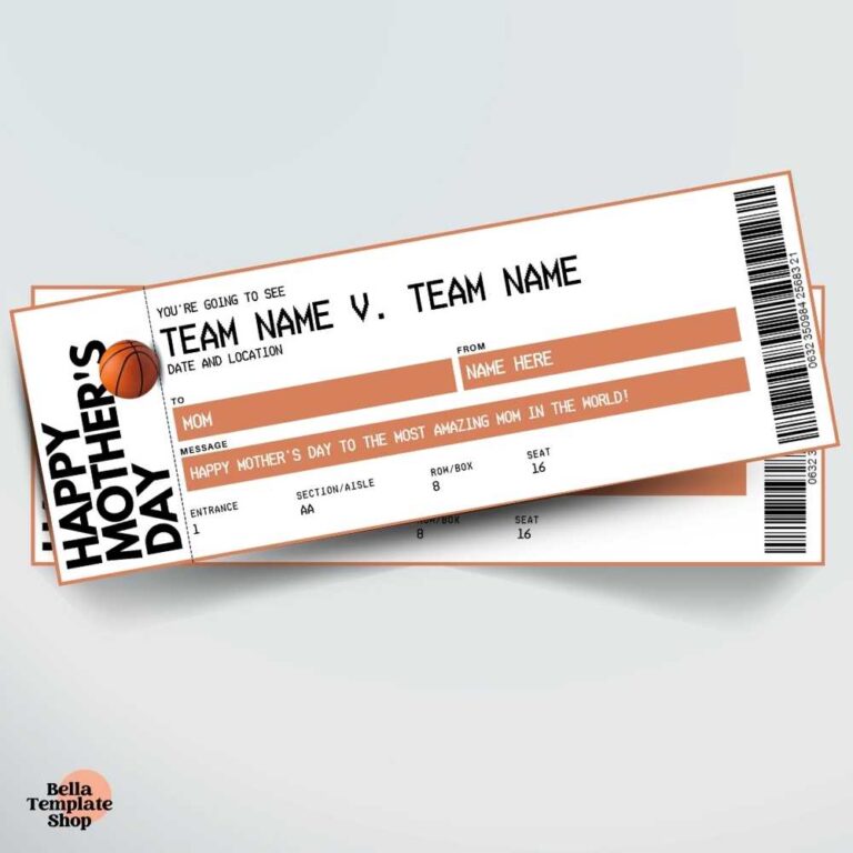 Editable Mother's Day basketball Ticket template