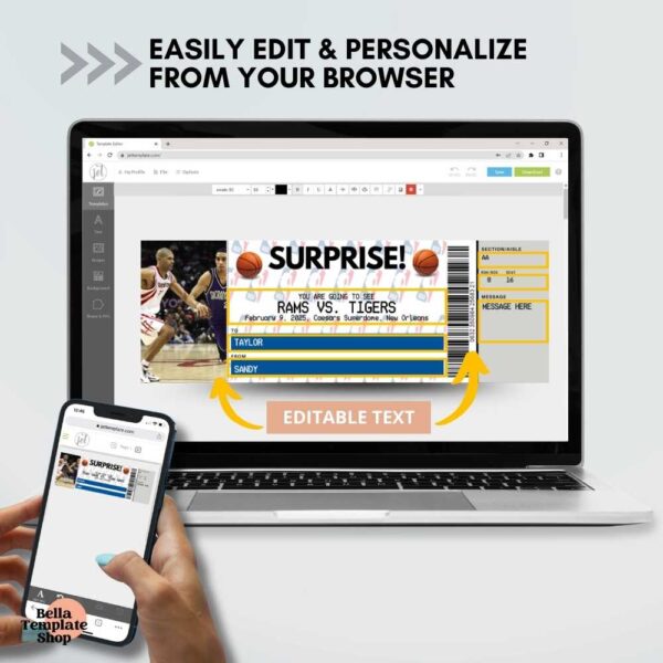 Editable basketball Ticket how to personalize ticket