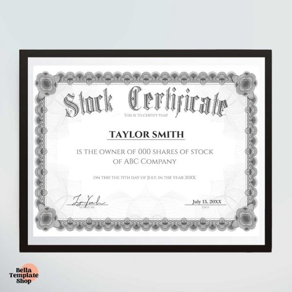 Editable Stock Certificate in a black frame